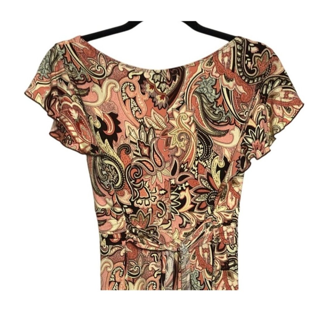 Vol.1 Paisley Print Midi Dress With Flutter Sleeves Handkerchief Hem V-Neck Lg - Picture 4 of 8